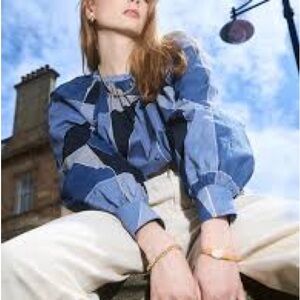 Sezane Blue and White Geometric Blouse